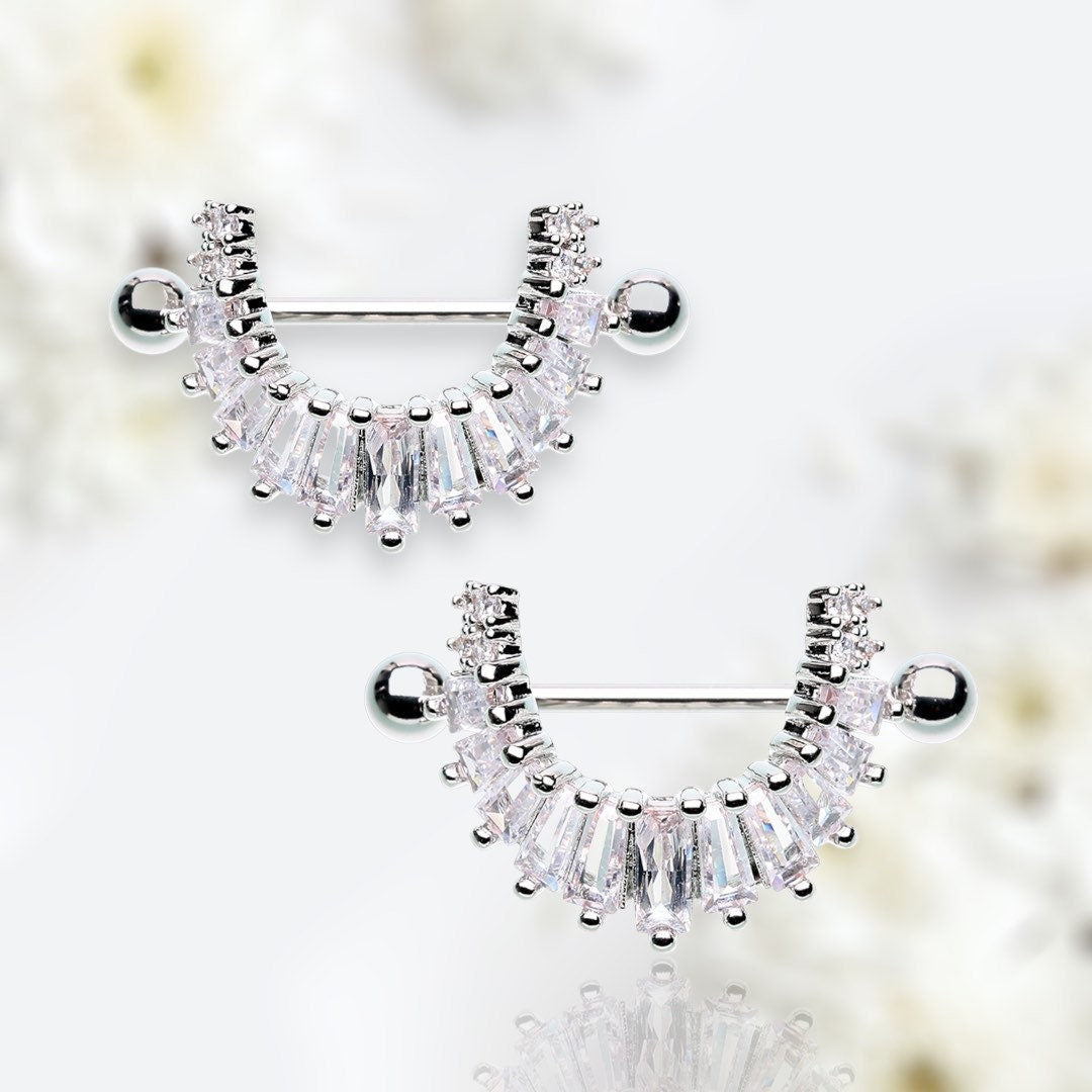 Pair of 14G Silver Sparkling Tile Stones Dangling Nipple Shield Barbells. Nipple Shield. Nipple Ring. Nipple Jewelry