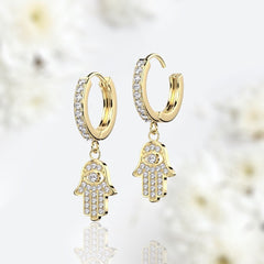 Pair of Gold Plated Clear Stones Paved Dangling Hamsa Hoop Earrings.