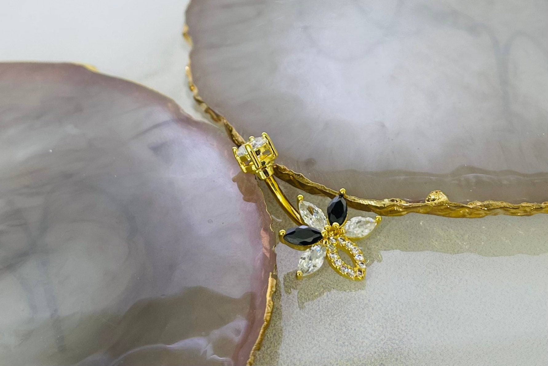 14G Gold Sparkling Marquise Stones Belly Button Ring