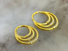 16G Gold Triple Row with Clear Stones Seamless Hinged Septum Clicker Ring. Septum Piercing. Nose Ring