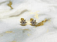 Pair of 14K Real Gold Screw Back Dainty Flower Earrings with Sparkling Crystals. 14K Gold Earrings. Screw Back Earrings.