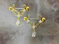 Pair of 14G Gold Heart Filigree with Dangling Teardrop Nipple Barbell.