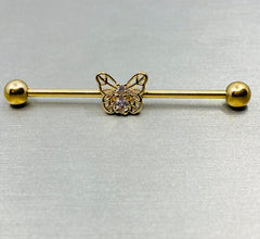 Butterfly with center CZ stone Industrial  barbell