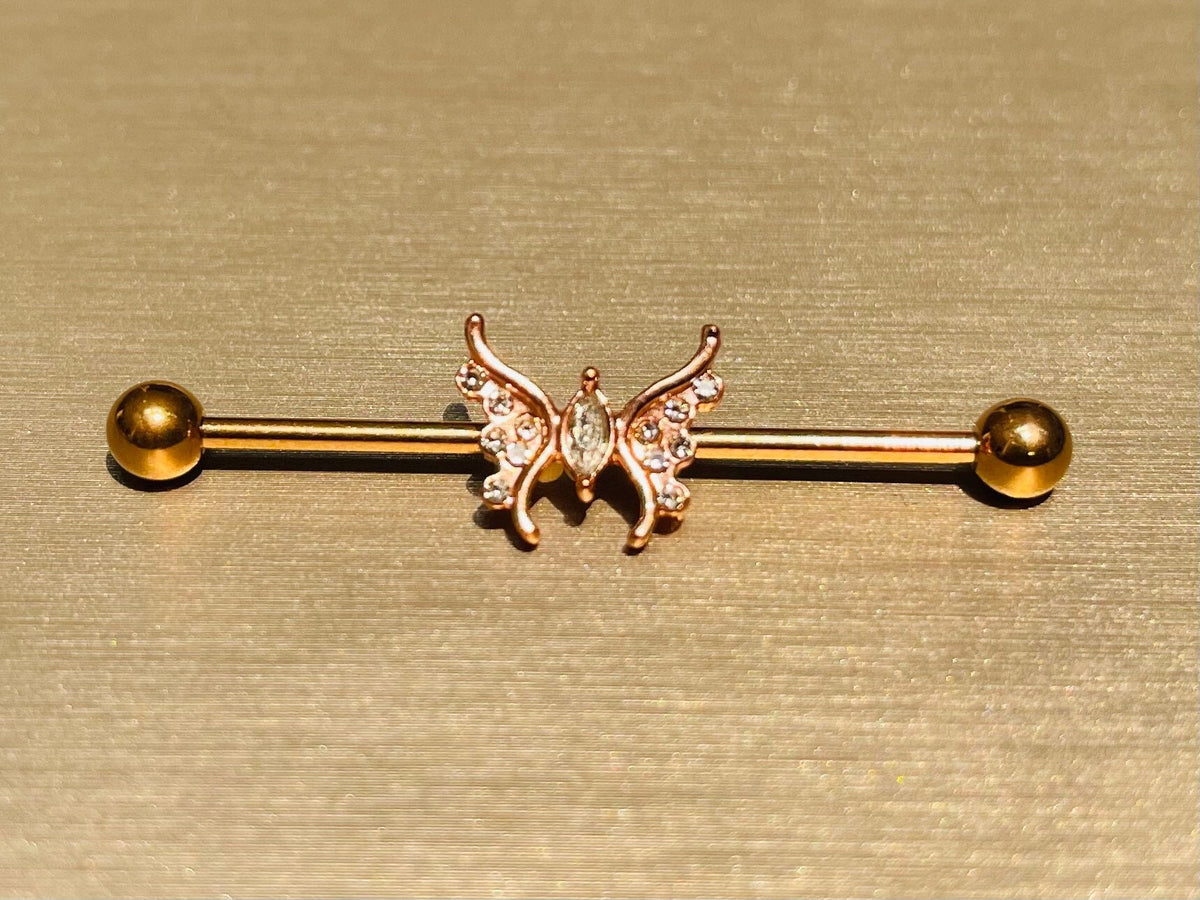 14G Rose Gold Sparkling Marquise Crystal Center Butterfly Industrial Barbell. Industrial Piercing. Ear Piercing. Body Jewelry.