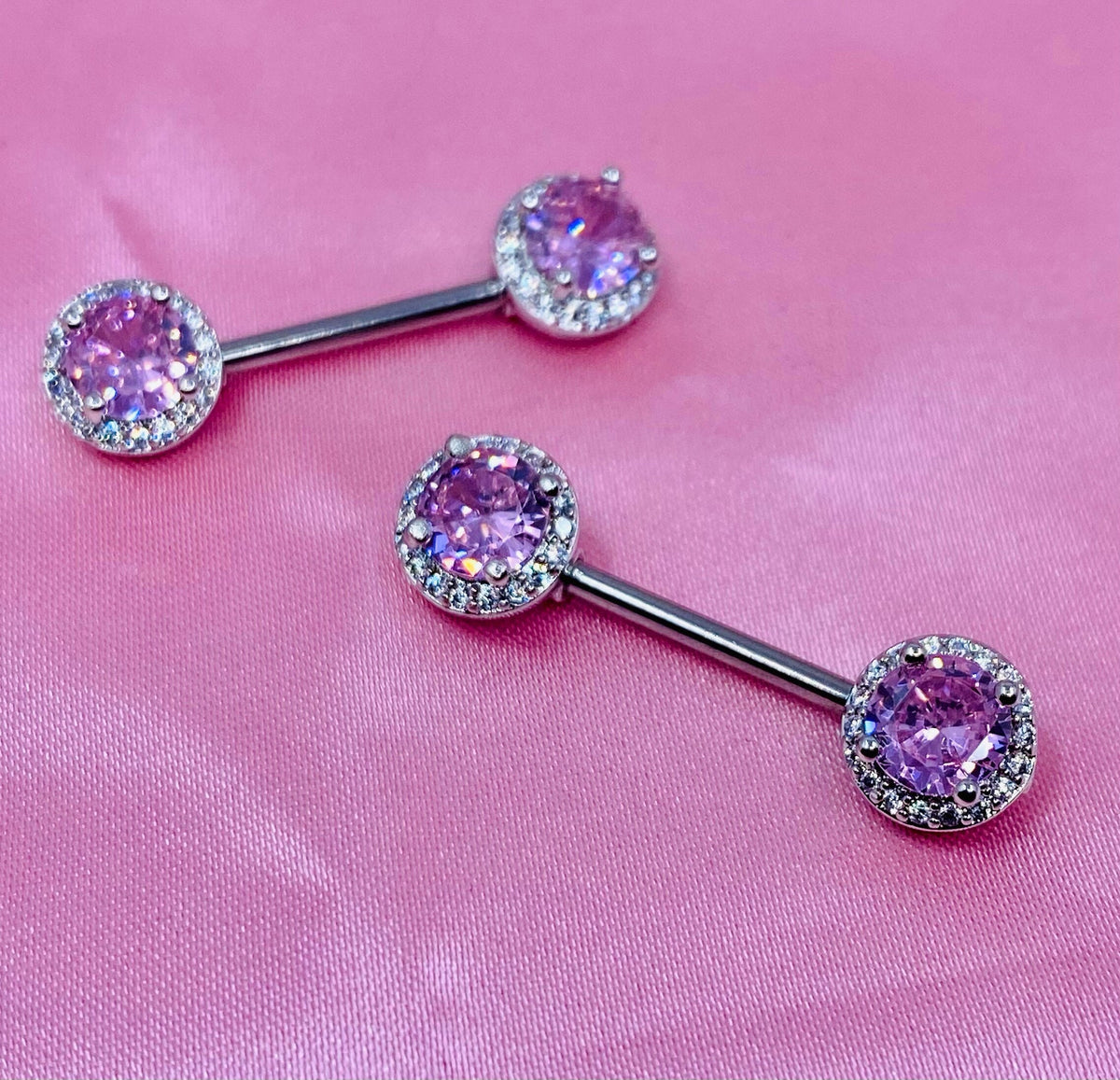 14G Pink Round Crystal Gem Paved Nipple Barbell. Nipple Piercing. Nipple Jewelry.