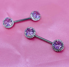 14G Pink Round Crystal Gem Paved Nipple Barbell. Nipple Piercing. Nipple Jewelry.