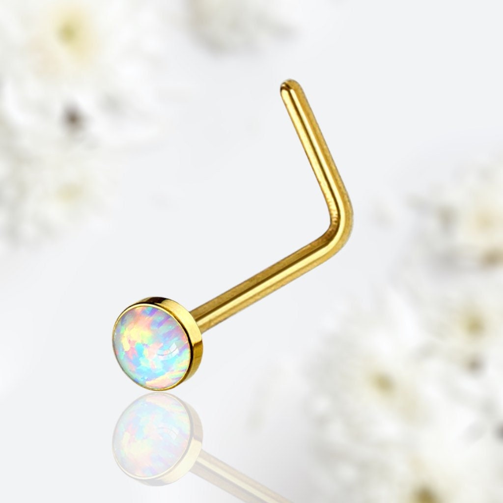 20G Gold White Opal Bezel Set L Shape Nose Stud. Nose Piercing. Nose Stud. Nose Piercing.