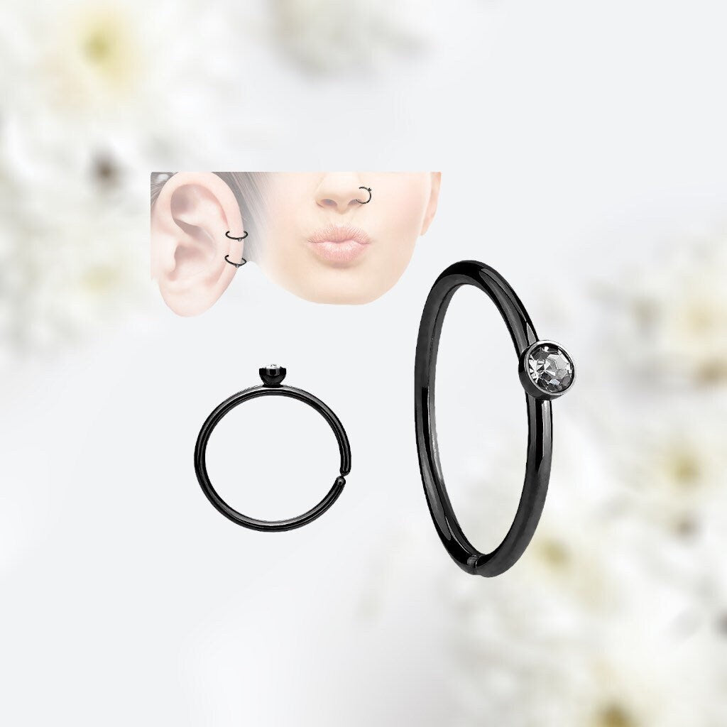 20G Black Clear Stone Top Bendable Nose Hoop. Cartilage Hoop. Nose Ring. Nose Piercing. Cartilage Piercing.