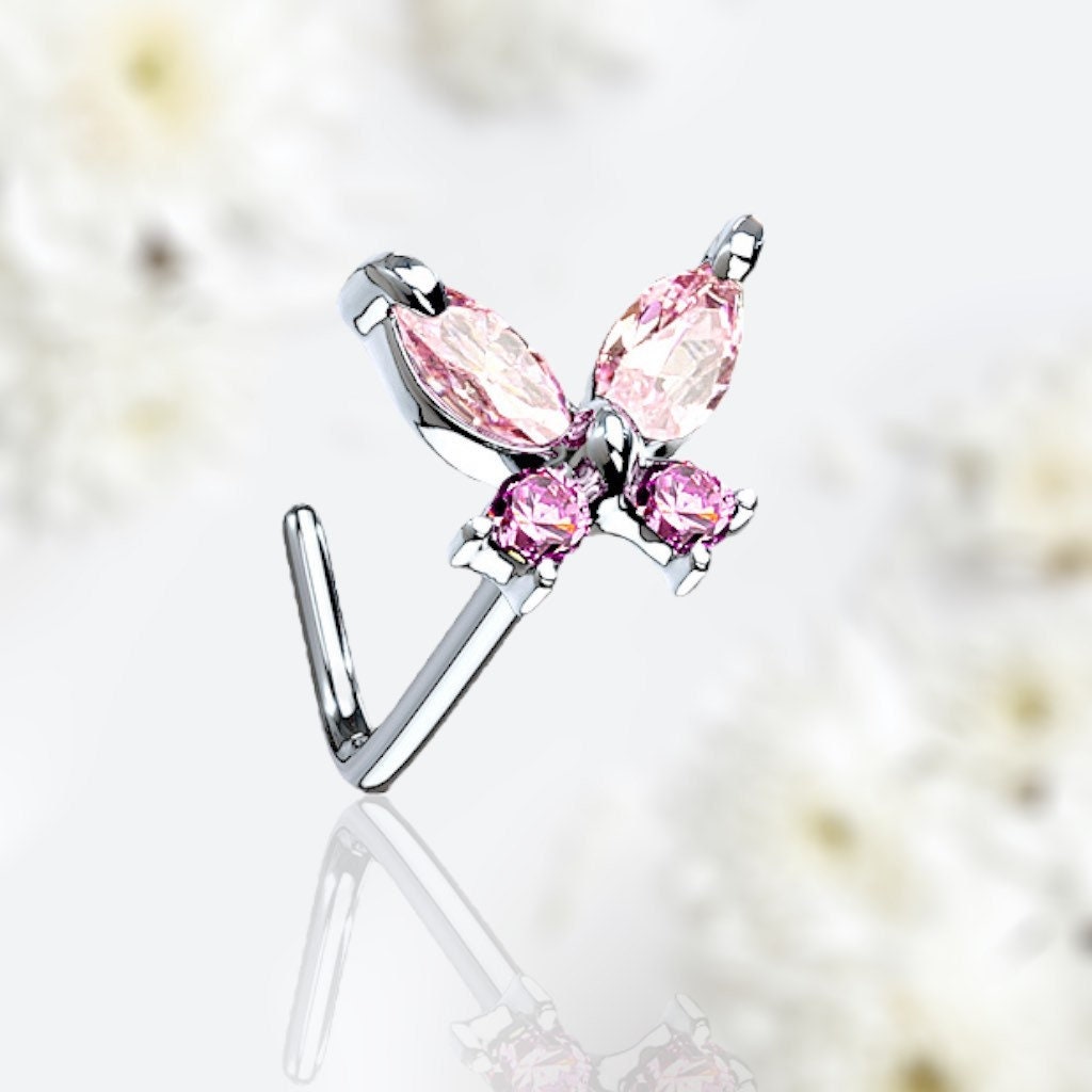 20G Pink Butterfly Top L Shape Nose Stud. Nose Piercing. Nose Stud. Nose Piercing.