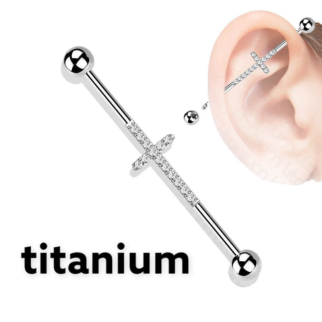 Implant Grade Titanium Silver Industrial Barbell with Clear Gems Cross. Industrial Piercing.