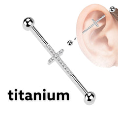 Implant Grade Titanium Silver Industrial Barbell with Clear Gems Cross. Industrial Piercing.