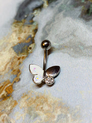 14G Butterfly White Pink Blue Opal Belly Button Ring. Belly Ring. Belly Piercings. Navel Ring