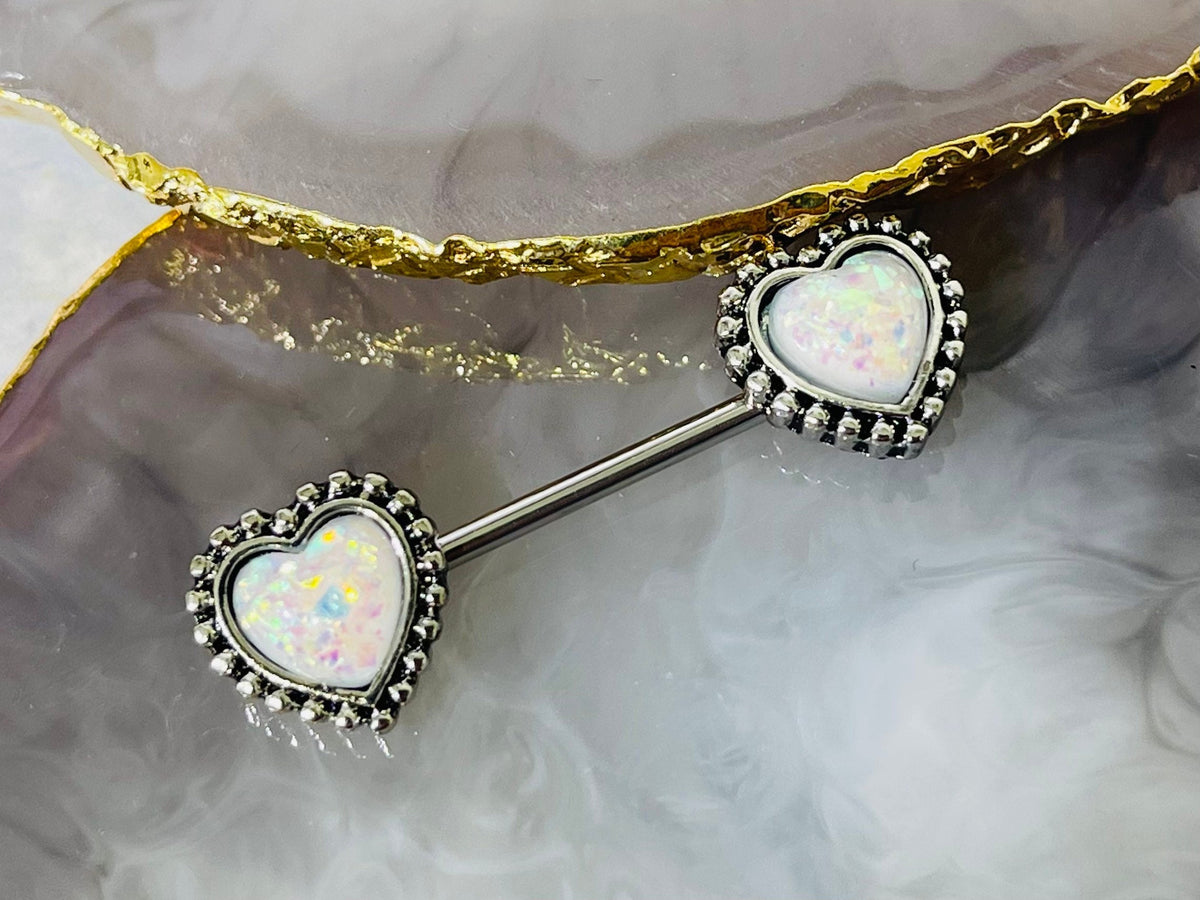 Pair of 14G Surgical Steel Antique Silver White Heart Opal Nipple Barbell. Nipple Piercing. Nipple Rings. Nipple Jewelry