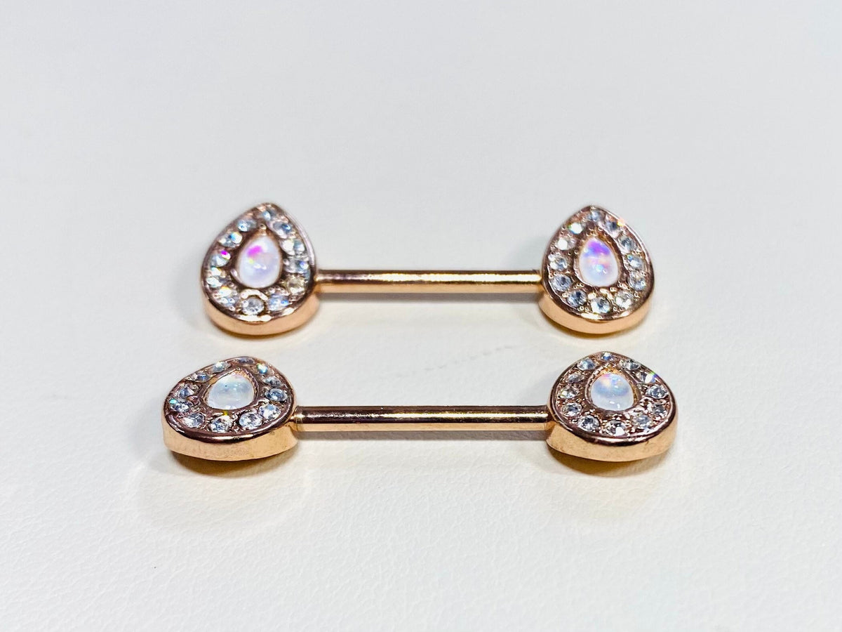 14G Rose Gold Opal Avice Nipple Barbells. Nipple Piercings. Nipple Rings. Nipple Jewelry