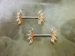 Set of 14G Rose Gold Accent Sparkling Clear Marquise Crystals Ends Nipple Barbells. Nipple Rings. Nipple Piercings. Nipple Jewelry.