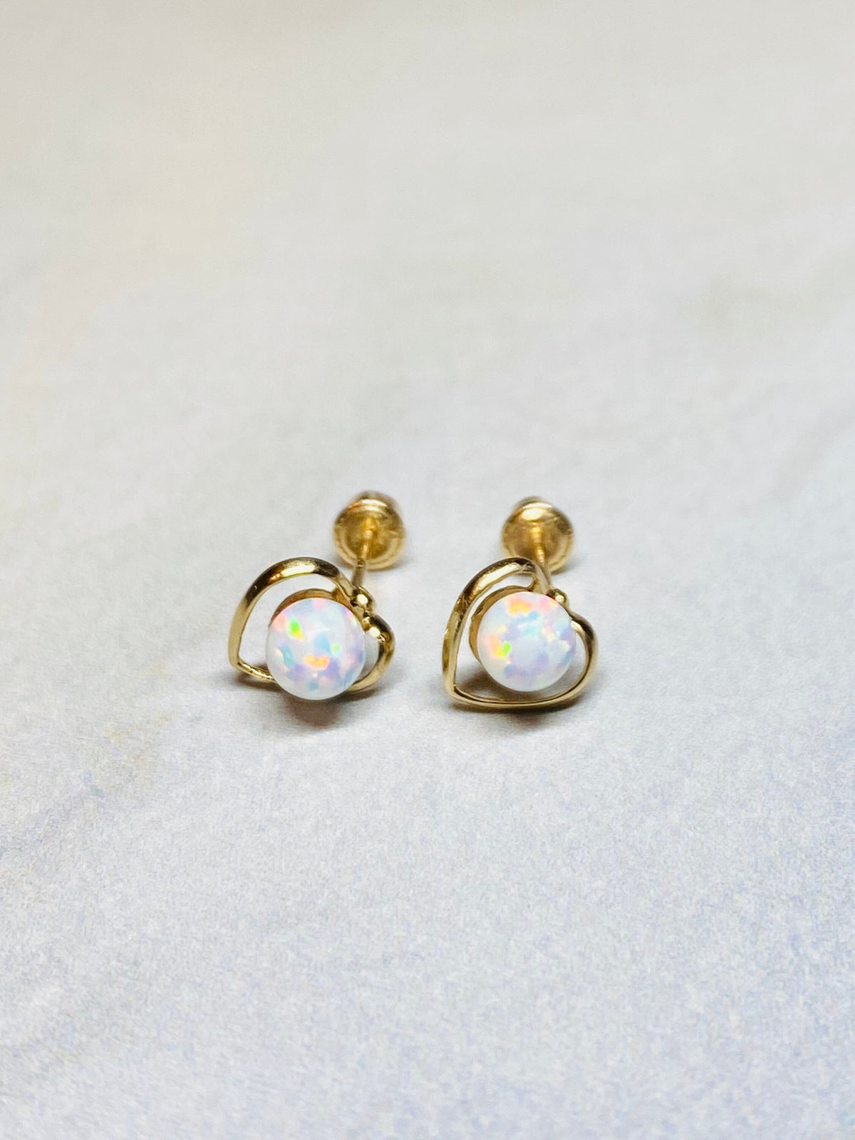 14K Real Gold Dainty Heart Shape with white Opal Screw Back Earrings. 14K Gold. 14K Gold Earrings.