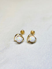 14K Real Gold Dainty Heart Shape with white Opal Screw Back Earrings. 14K Gold. 14K Gold Earrings.