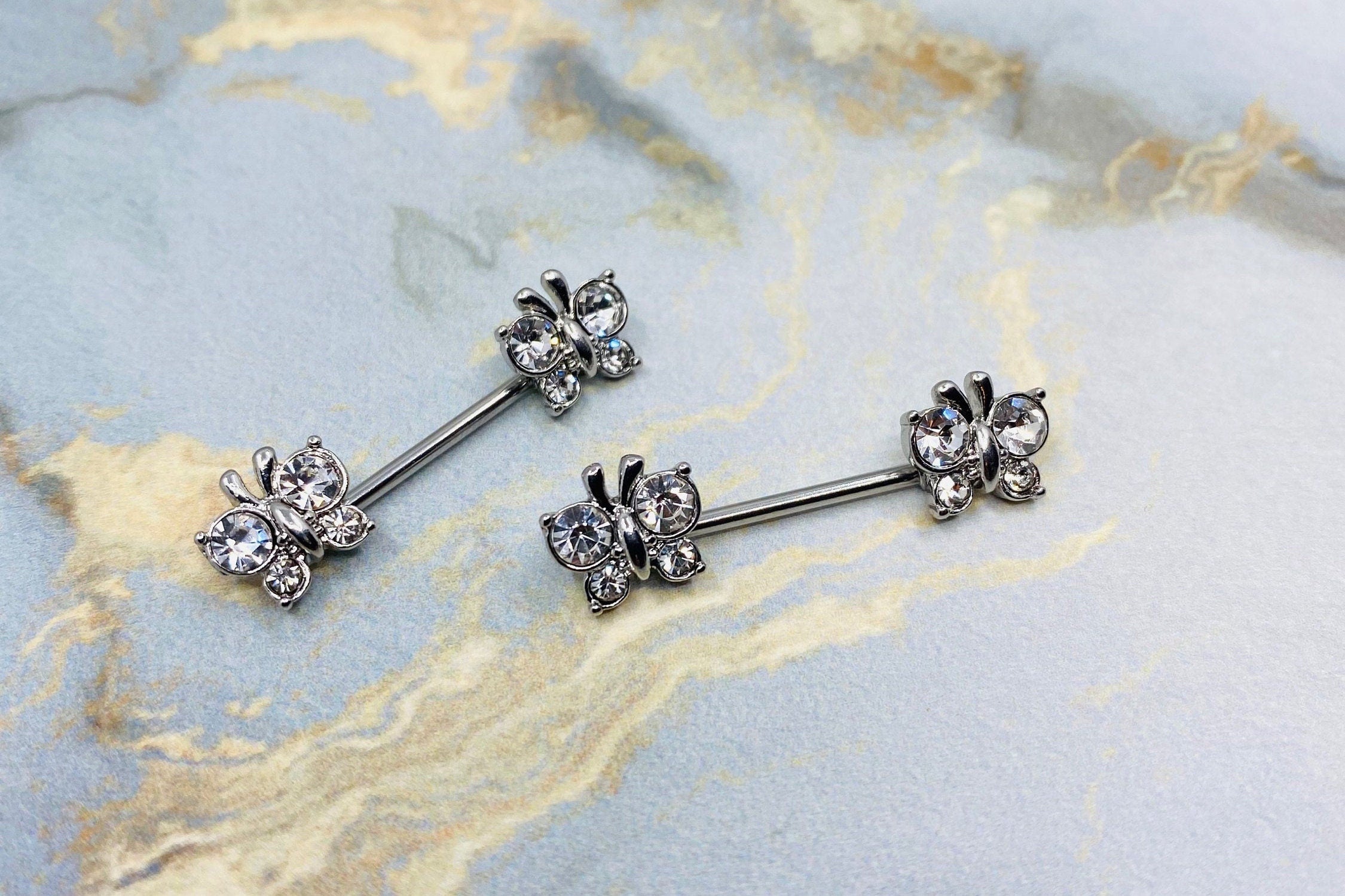 14G Silver Butterfly with Clear Cubic Zircon Nipple Barbells. Nipple Rings. Nipple Piercing. Body Jewelry.