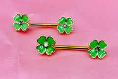 Pair of Green and Gold Clover Flower with Clear Stone Nipple Barbell. Nipple Piercing. Nipple Jewelry.