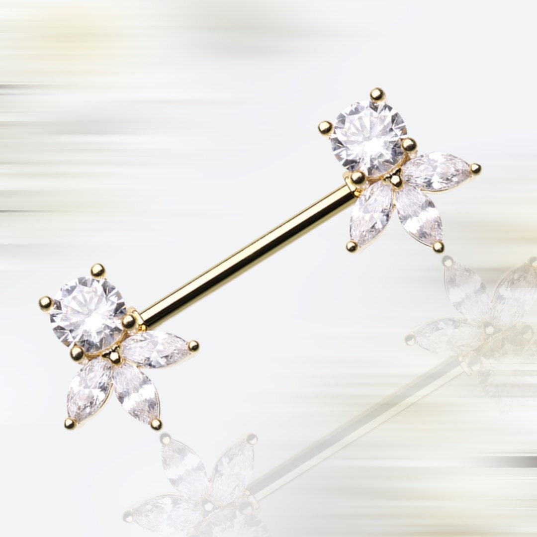 Pair of 14G Gold Dainty Leaf Clear Gem Nipple Barbell