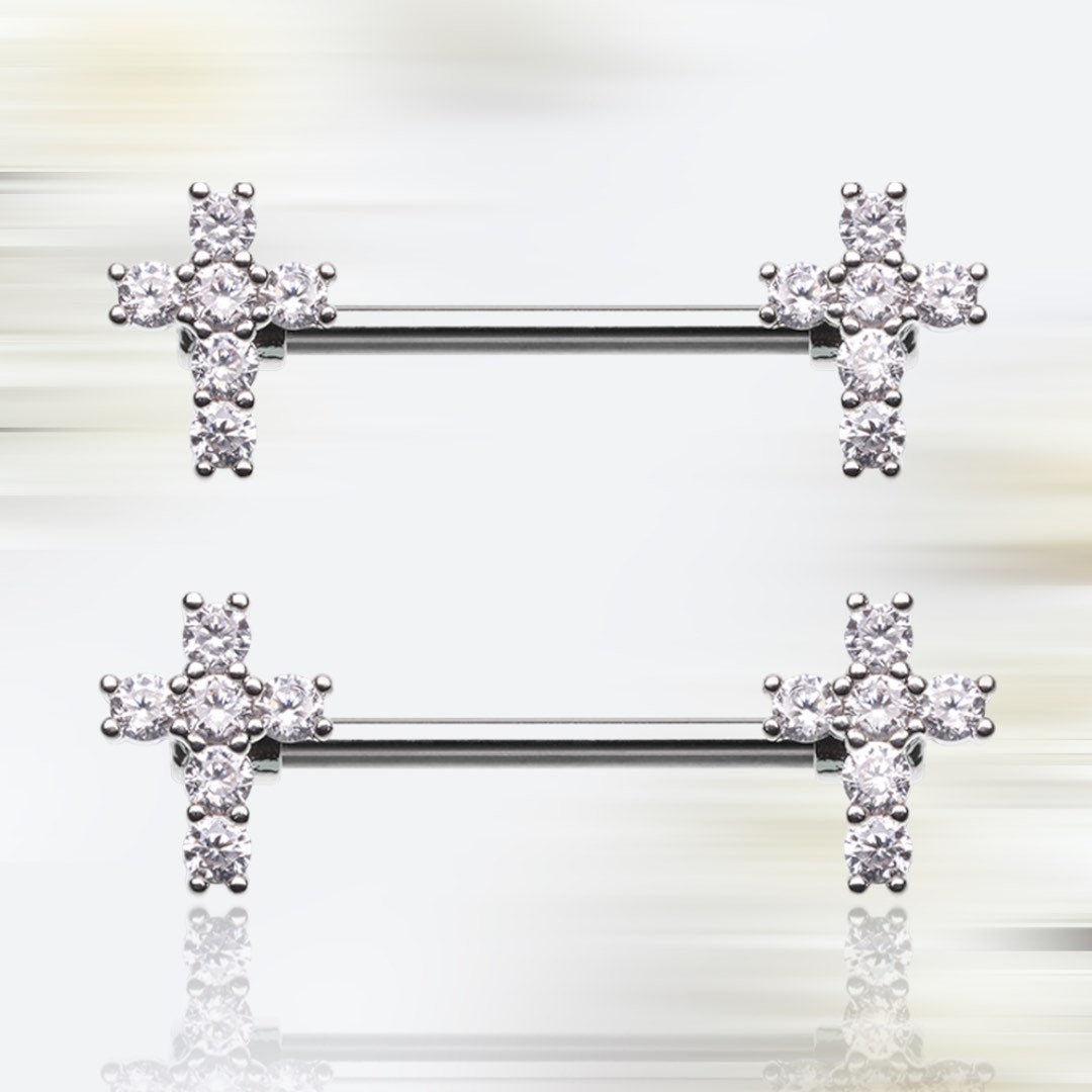 Pair of 14G Silver Sparkling Clear Gem Cross Nipple Barbell