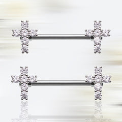 Pair of 14G Silver Sparkling Clear Gem Cross Nipple Barbell