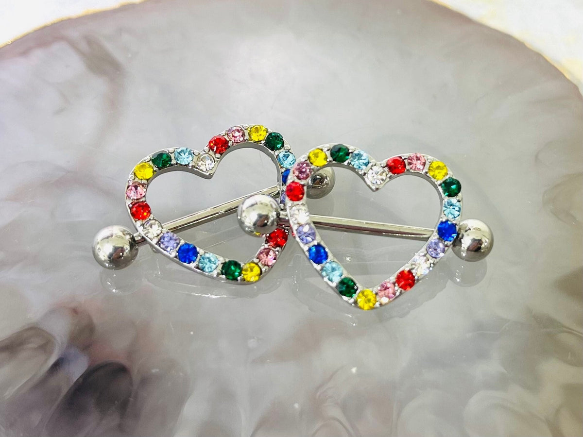 14G Silver Sparkling Heart with Paved Rainbow Crystals Stones Nipple Barbells. Nipple Jewelry. Nipple Piercing.