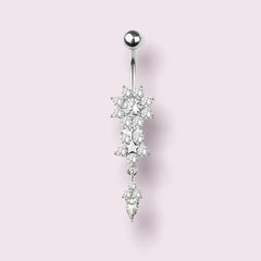 Silver Flower Dangling Flower Surgical Steel Belly Button Ring