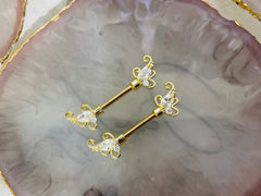 Pair of 14G Gold Sparkling Clear Gem Floral Ends Nipple Barbell