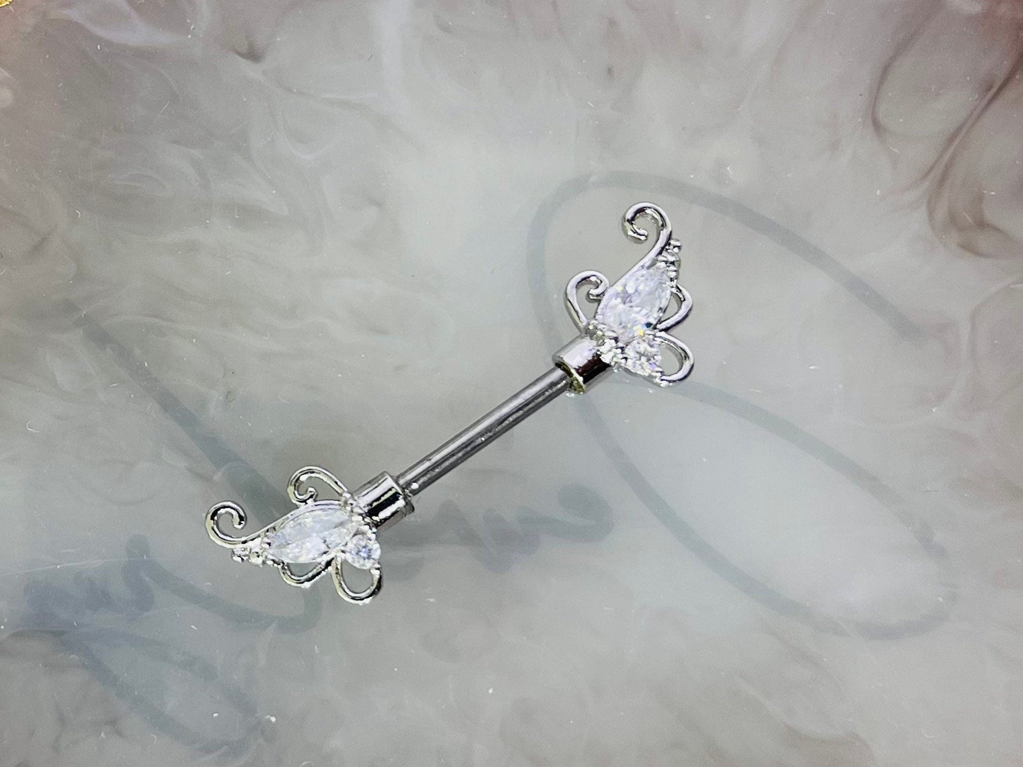 Pair of 14G Silver Sparkling Clear Gem Floral Ends Nipple Barbell