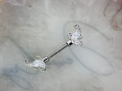 Pair of 14G Silver Sparkling Clear Gem Floral Ends Nipple Barbell