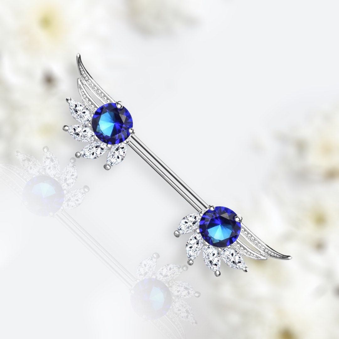 Pair of 14G Silver Angel Wings with Blue Center Stone Nipple Barbell. Nipple Piercing. Nipple Jewelry