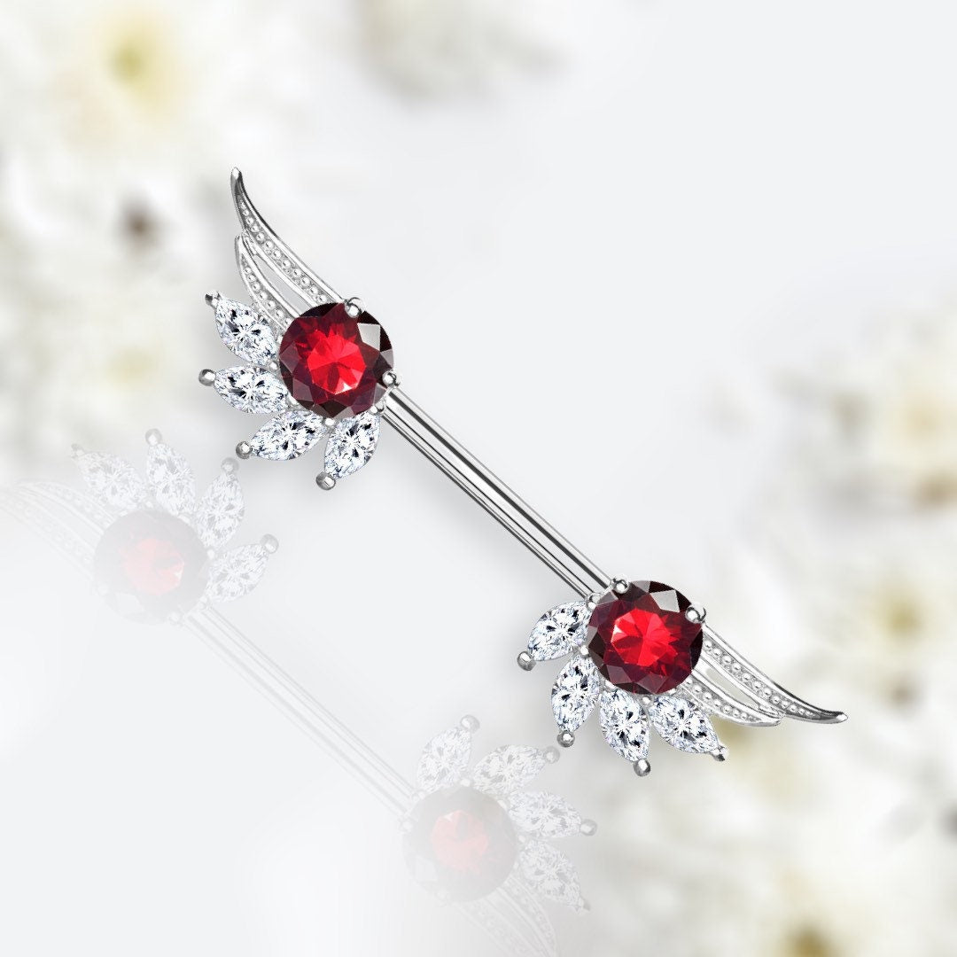 Pair of 14G Silver Angel Wings Red Stone Nipple Barbells. Nipple Piercing. Nipple Jewelry