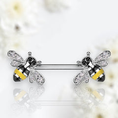 Silver Bees with Clear Gems Nipple Jewelry Barbells