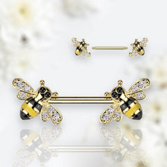 Pair of 14G Gold Bees with Clear Gems Nipple Barbells