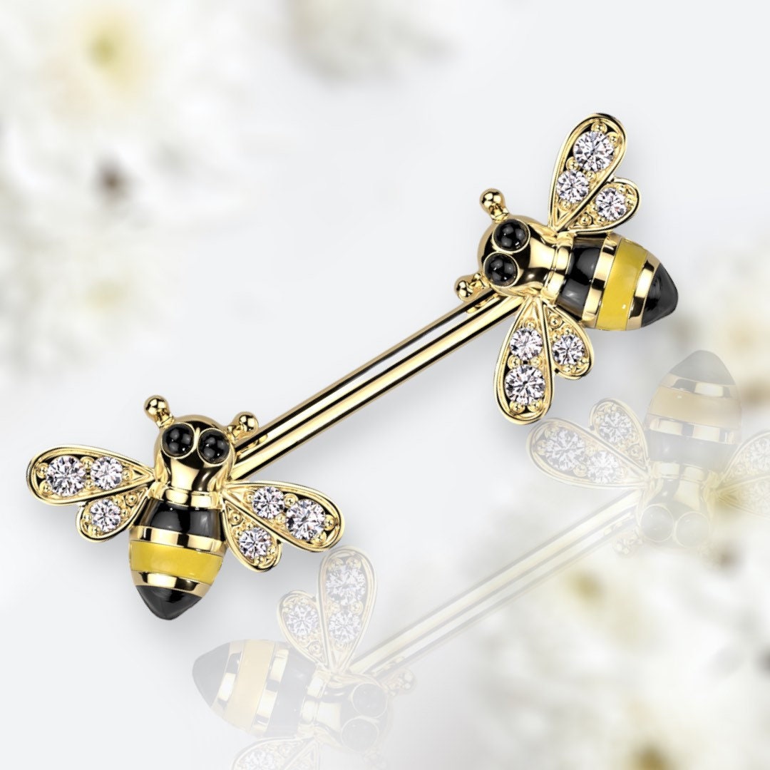 Pair of 14G Gold Bees with Clear Gems Nipple Barbells