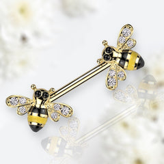 Pair of 14G Gold Bees with Clear Gems Nipple Barbells