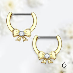 Pair of 14G Gold Clear Gem Ribbon Nipple Clicker Ring