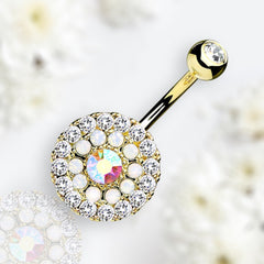 14G Gold Multi Tiered Sparkling Gems Iridescent Center Stone Belly Button Ring