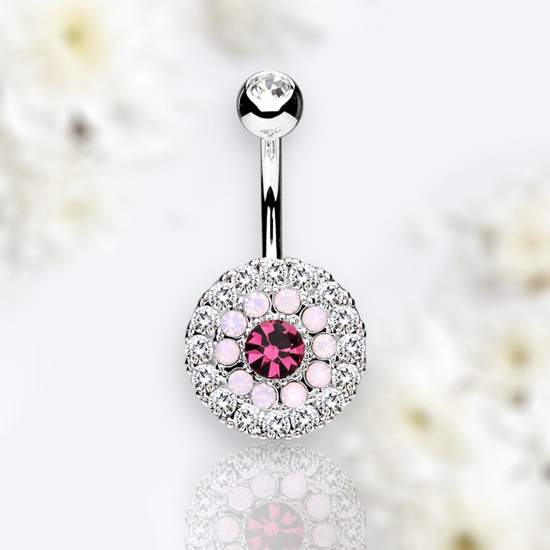 14G Silver Multi Tiered Sparkling Gems Pink Center Stone Belly Button Ring