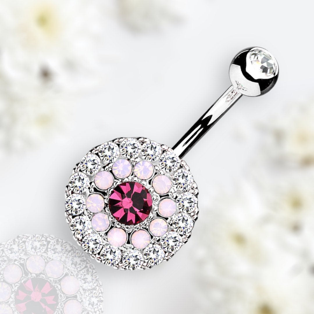 14G Silver Multi Tiered Sparkling Gems Pink Center Stone Belly Button Ring