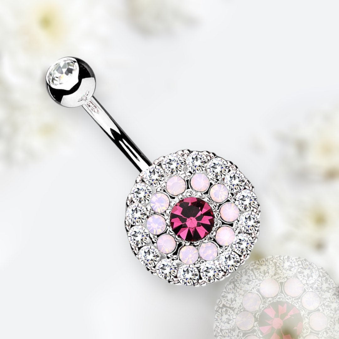 14G Silver Multi Tiered Sparkling Gems Pink Center Stone Belly Button Ring