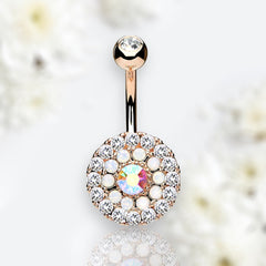 14G Rose Gold Multi Tiered Sparkling Gems Iridescent Center Stone Belly Button Ring