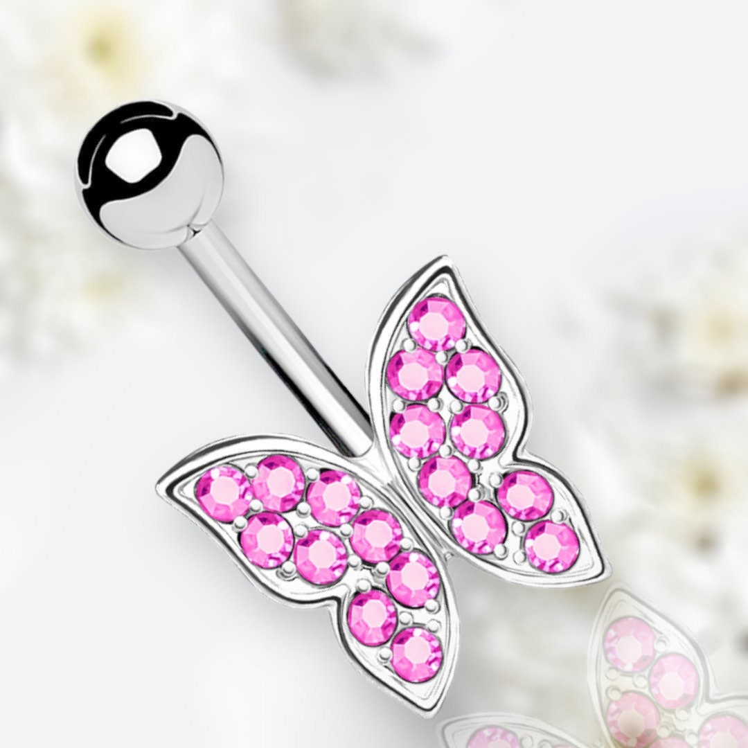 14G Silver Basic Pink Butterfly Belly Button Ring