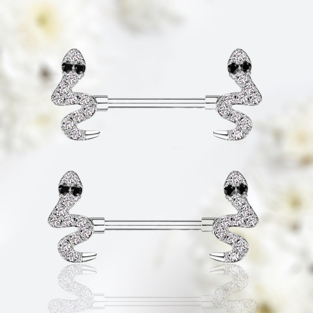 Pair of 14G Silver Snake with Clear Gems Nipple Barbells