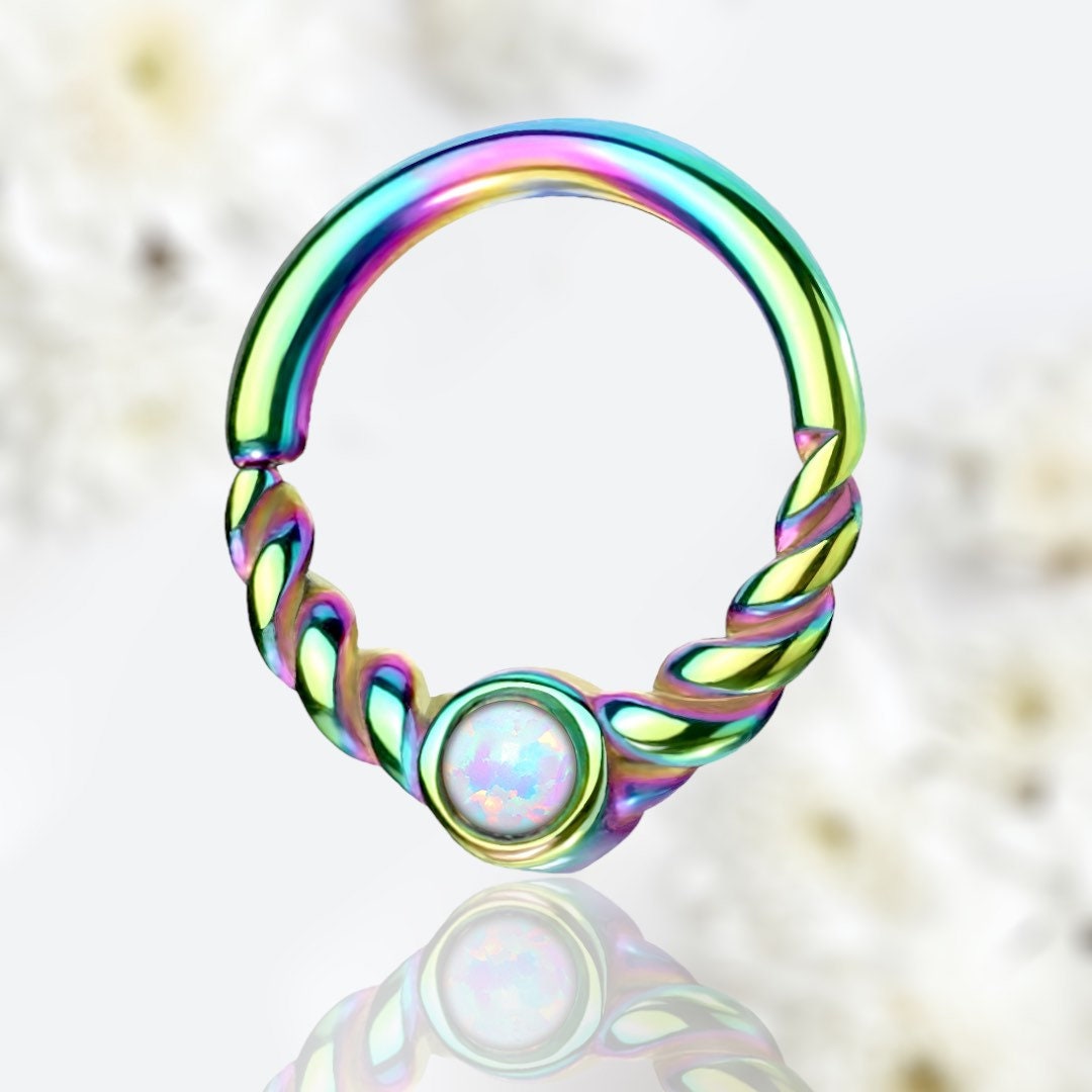 18G Dainty Rainbow White Opal Center 8MM Bendable Hoop for Daith, Cartilage, Septum & More