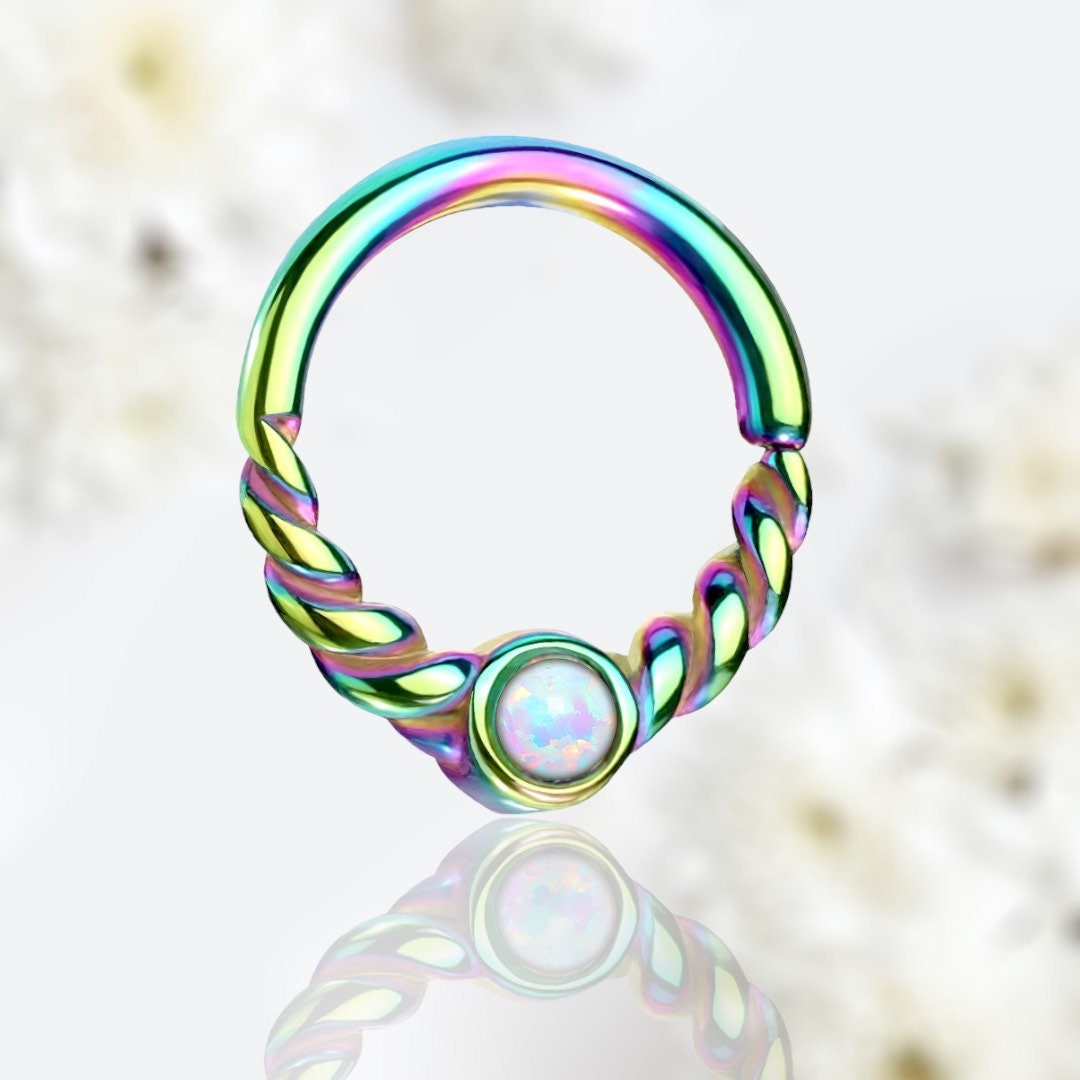 18G Dainty Rainbow White Opal Center 8MM Bendable Hoop for Daith, Cartilage, Septum & More