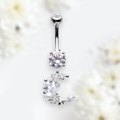 14G Silver Moon Cluster Clear Gems Belly Button Ring