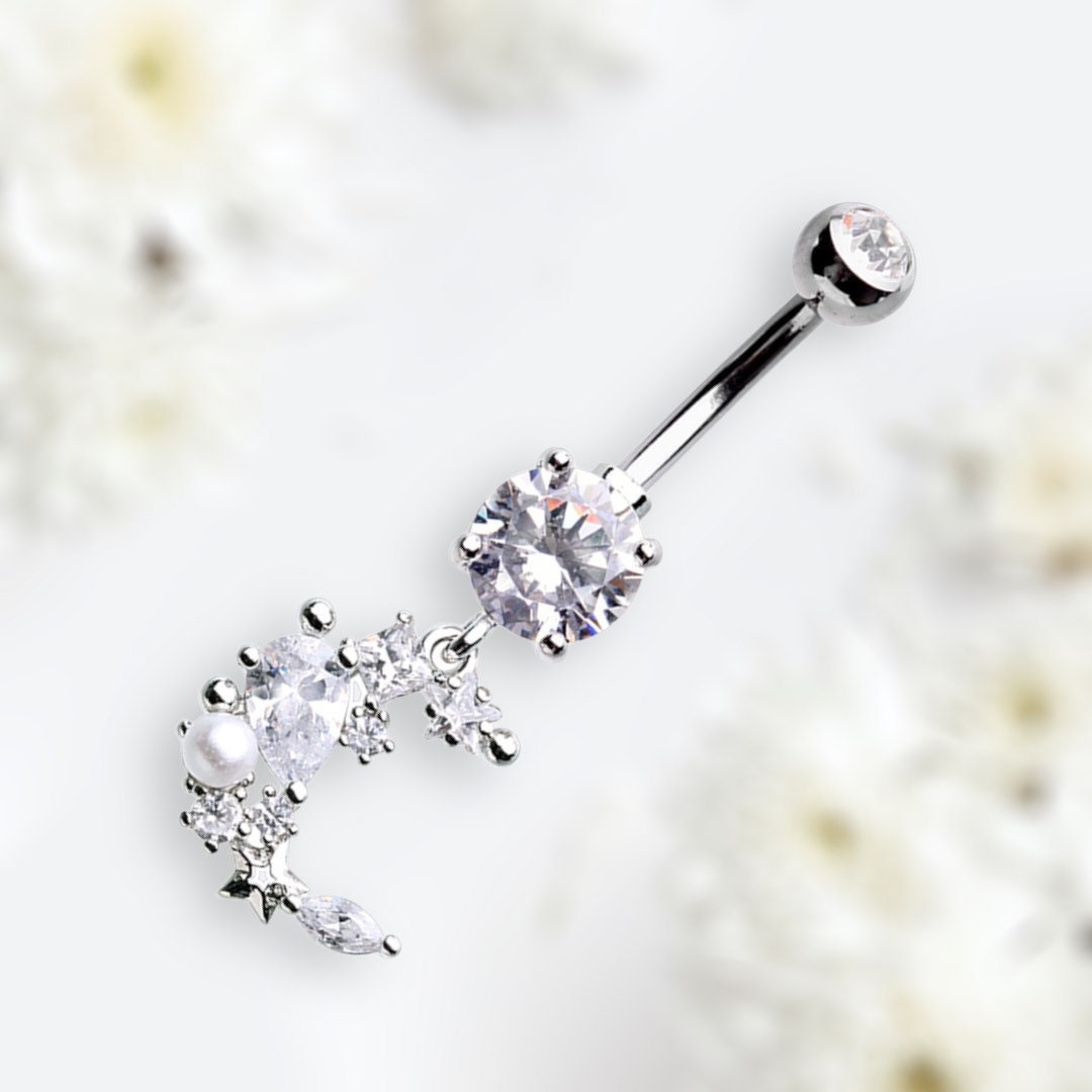 14G Silver Moon Cluster Clear Gems Belly Button Ring