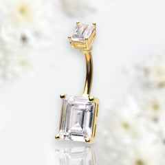 14G Gold Emerald Cut Clear Gem Belly Button Ring